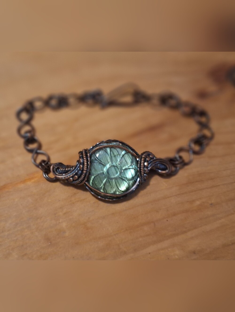 Green Carved Labradorite Copper Bracelet